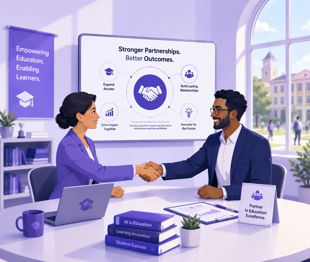 Partners shaking hands in a modern education setting with collaboration and learning outcomes on display